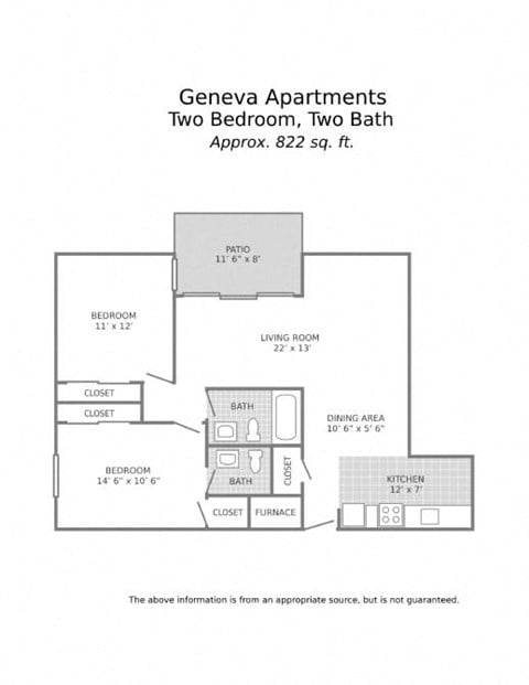 Floor plan for 2 beds, 2 baths, 822 sqft